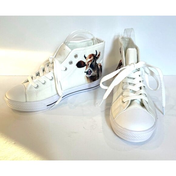 Cow Lovers High Top Sneakers Womens White Canvas With Cow Print Size 7 - Picture 3 of 11